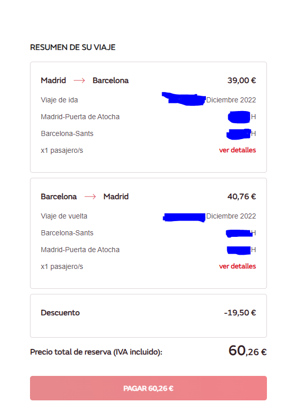 JaviSala5's tweet photo. @iryo_eu Hola iryo. Estoy en el proceso de compra de un viaje de ida y vuelta. He aplicado el cupón "iryo50" pero parece que el descuento del 50% sólo se aplica a uno de los dos billetes. ¿Es un error o sólo "invitáis" al 50% de uno de los dos billetes? https://t.co/ccgYMt5qbj