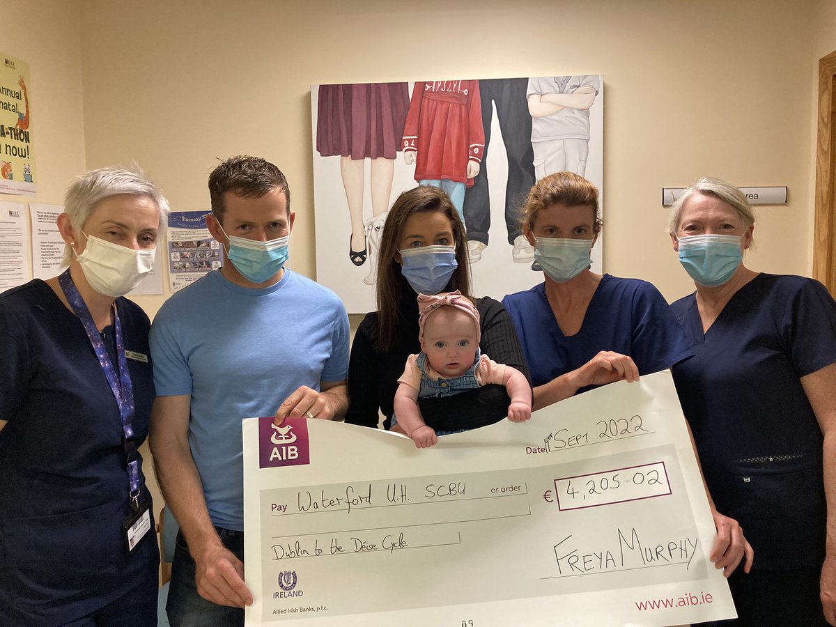 charlenebutz's tweet photo. Great to thank the hardworking staff of @UHW_Waterford &amp; @lukes_ck by presenting cheques to the value of the equipment purchased in our fundraising cycle for their Special Care Baby Units #dublintothedeise #freya’sfundraiser @padraigjmurphy https://t.co/kNe8mhxKtk