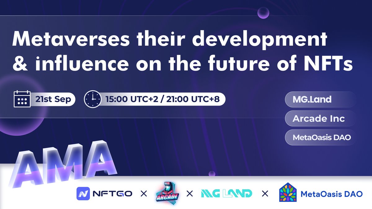 📣NFT Wednesday Ep#1

Join our SuperSpaces with @MetaGame_Land 
 @MetaOasisDAO  &amp; @arcadedotinc to talk about  #Metaverse, their development &amp; influence on the future of NFTs! 

📆Sep21 3pm UTC+2
🔔Set a reminder below👇

x.com/i/spaces/1LyxB…