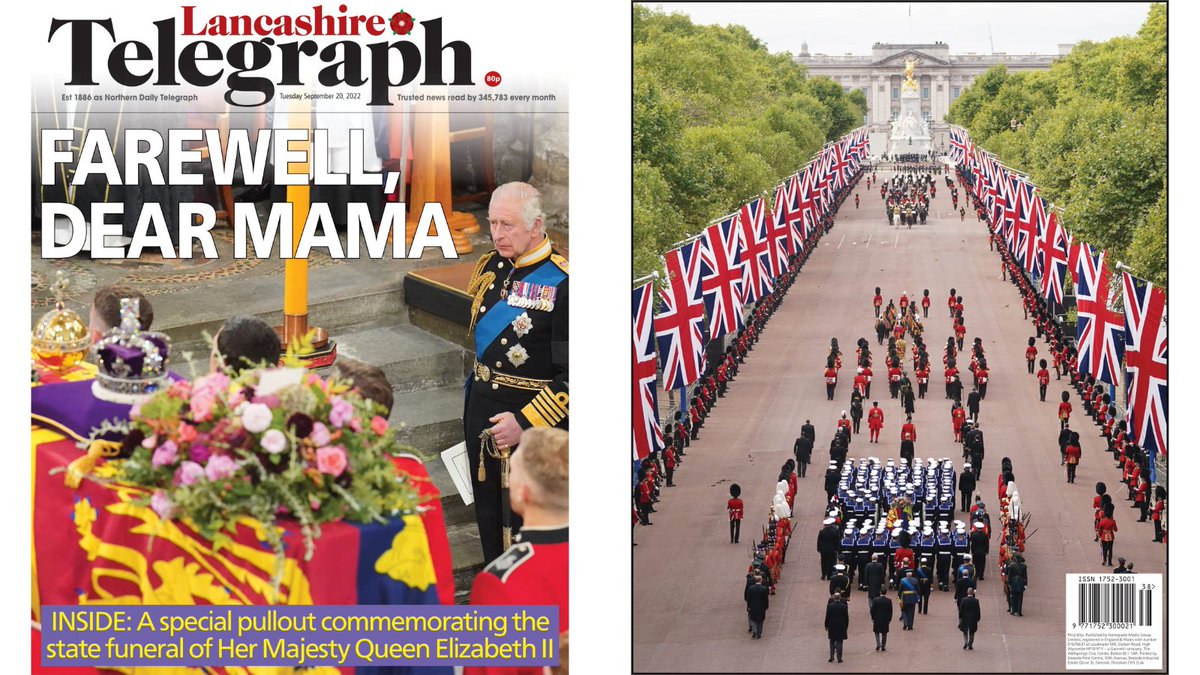 Lancashire Telegraph (@lancstelegraph) on Twitter photo The front and back pages of Tuesday's <a href="/LancsTelegraph/">Lancashire Telegraph</a> are dedicated to Queen Elizabeth II and King Charles III - each edition includes a special 8-page supplement following the state funeral.
#TomorrowsPapersToday #QueenElizabethII #QueensFuneral #KingCharlesIII #Newsquest The front and back pages of Tuesday's <a href="/LancsTelegraph/">Lancashire Telegraph</a> are dedicated to Queen Elizabeth II and King Charles III - each edition includes a special 8-page supplement following the state funeral.
#TomorrowsPapersToday #QueenElizabethII #QueensFuneral #KingCharlesIII #Newsquest