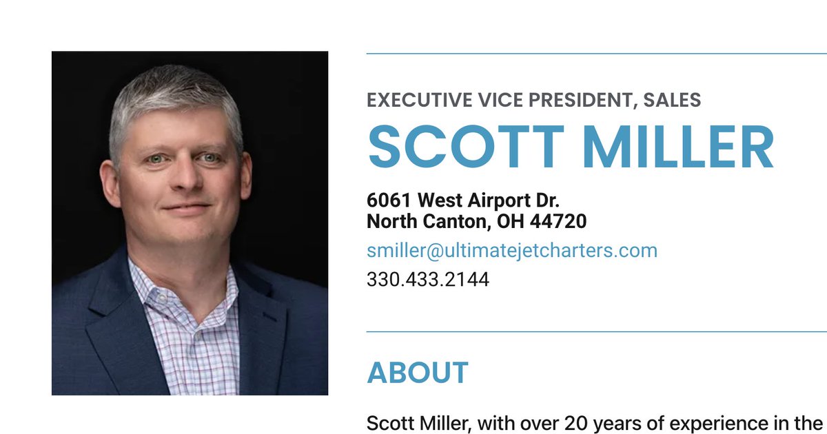 tramontela's tweet photo. Now we have Exec VP of Sales, Scott Miller. Sounds like he would have been the decision maker booking this business.

He did not take my call either. He can be reached at 330-433-2144 / smiller@ultimatejetcharters.com. https://t.co/w5WUHyr6Fs