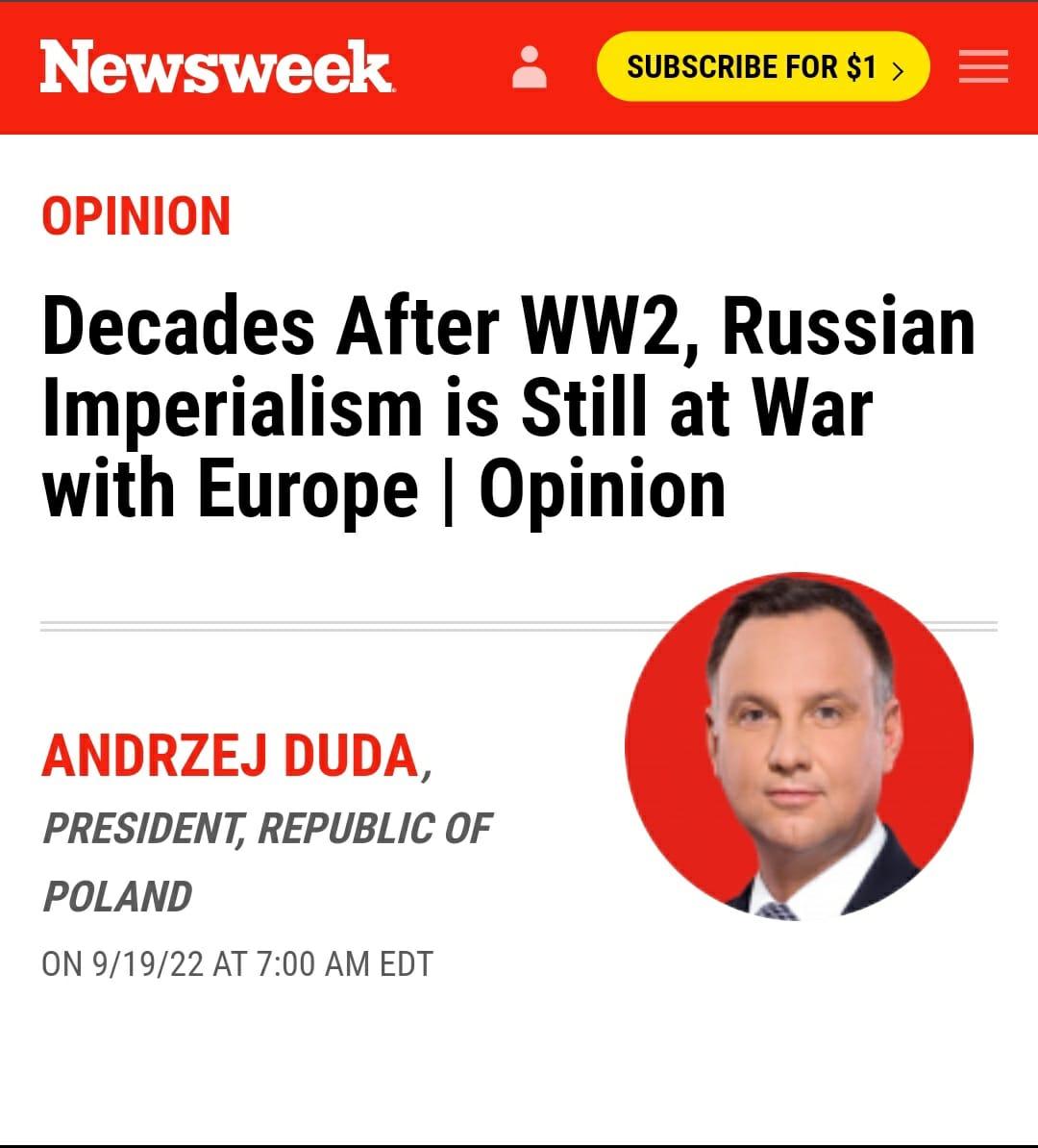 '🇷🇺 wants the same thing it wanted in 1939 and 1940, when it acted in alliance with Hitler's 🇩🇪, and between 1945 and 1991, when it ruled our countries on its own.' - President @AndrzejDuda in a @Newsweek op-ed published this morning. Link below⬇️ newsweek.com/decades-after-…