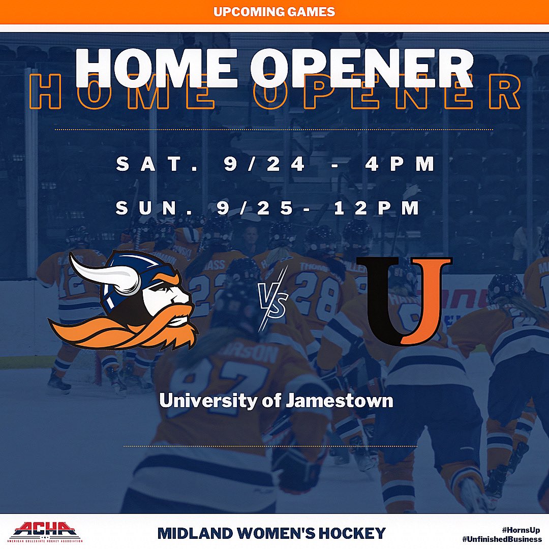 Midland_WHKY's tweet photo. ONE WEEK AWAY from our home opener series against University of Jamestown!

All home games will be held at Sidner Ice Arena. Link for livestream will be added to our bio and posted on our story this weekend! 

Come out and support your Warriors!!! 
#Hornsup 
#UnfinishedBusiness https://t.co/0OLq7MZln2