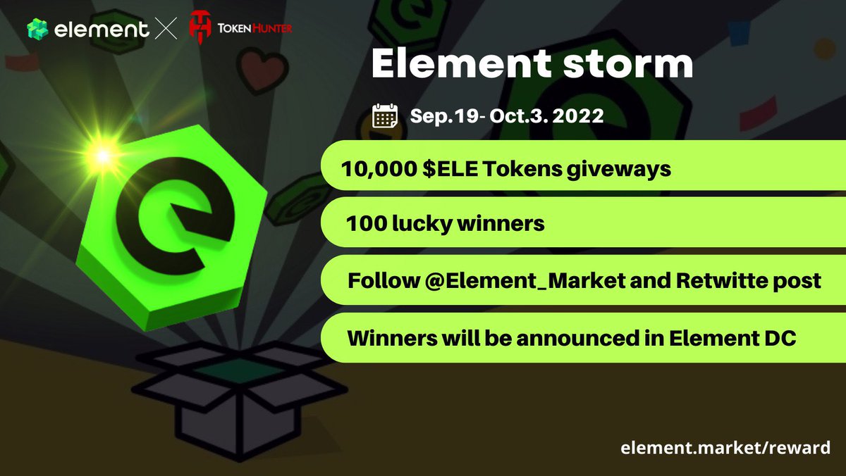 TokenHunter (@_tokenhunter) on Twitter photo 🚀#Element ✖ #TokenHunter #Airdrop
⚡Rewards: 10,000 $ELE for 100 lucky winners
⏰Sep 19 - Oct 3, 2022
RULES:
✅Like & RT & Tag 3
✅Follow <a href="/Element_Market/">Element NFT Marketplace</a> & <a href="/_TokenHunter/">TokenHunter</a>
✅Join discord.gg/ElementMarket
✅Join t.me/tokenhunter_of…
And…
Fill in
forms.gle/TE5fn4sN3ui9sq… 🚀#Element ✖ #TokenHunter #Airdrop
⚡Rewards: 10,000 $ELE for 100 lucky winners
⏰Sep 19 - Oct 3, 2022
RULES:
✅Like & RT & Tag 3
✅Follow <a href="/Element_Market/">Element NFT Marketplace</a> & <a href="/_TokenHunter/">TokenHunter</a>
✅Join discord.gg/ElementMarket
✅Join t.me/tokenhunter_of…
And…
Fill in
forms.gle/TE5fn4sN3ui9sq…