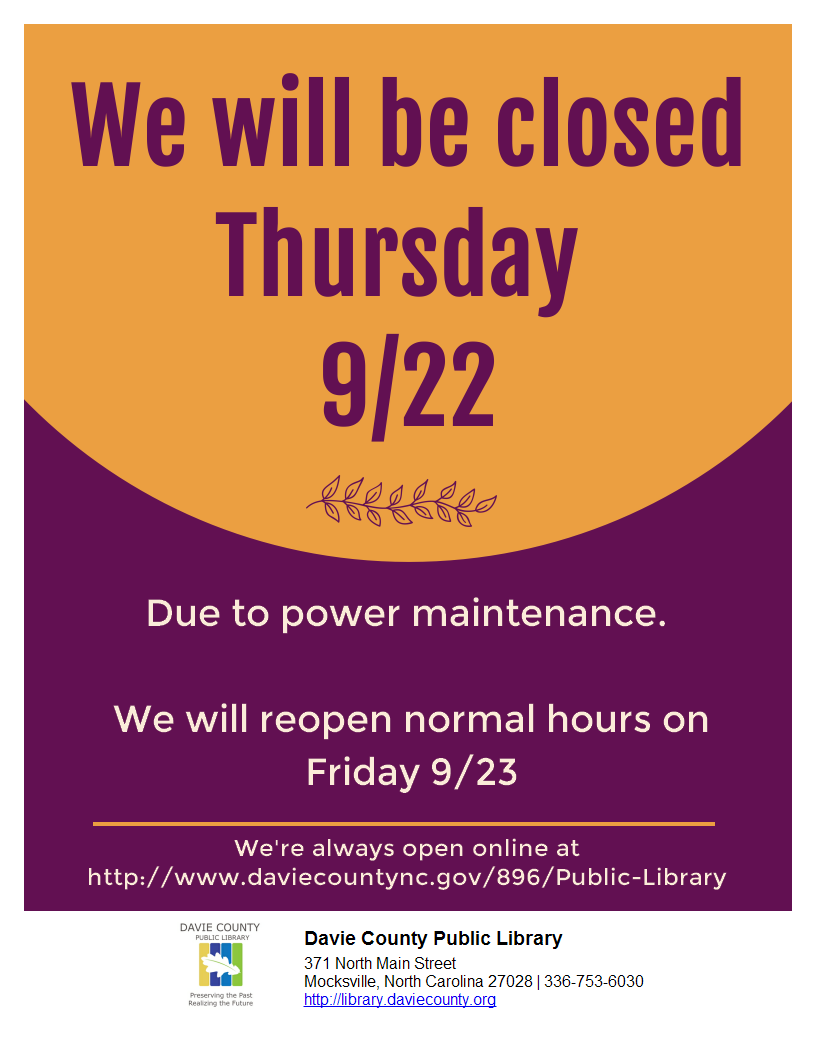 Our Mocksville location will be closed on Thursday 9/22 and will reopen on Friday 9/23. 

Thank you for your understanding!