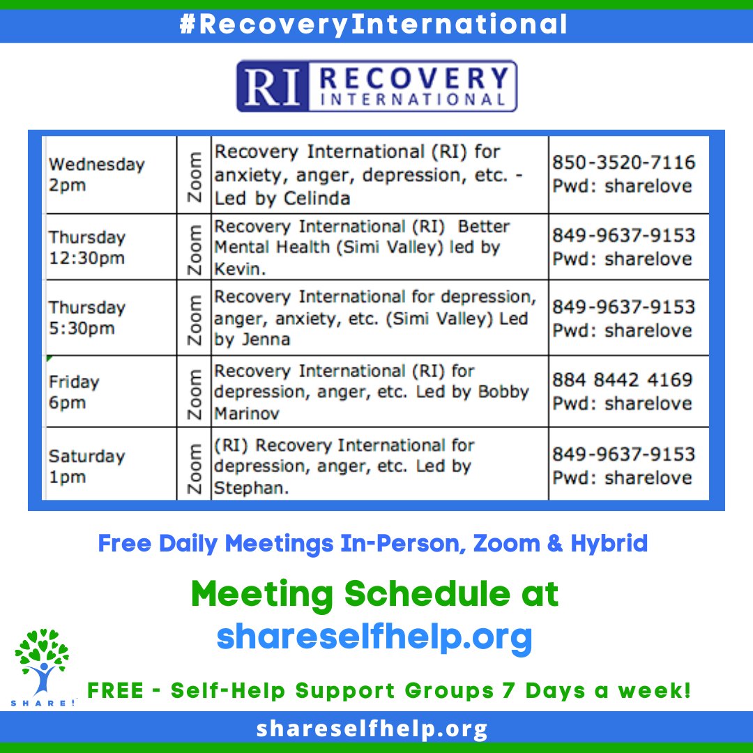 shareselfhelp's tweet photo. Happy #RecoveryMonth! Join a Free #RecoveryInternational meeting for #support with #anxiety, #anger, #worry, #fear, #trauma, #depression and overall #mentalhealth!

See meeting schedule at 💙https://t.co/2ieajm7WSZ💙

@RecoveryIntl
#SHAREselfhelp #MentalHealthMonday #supportgroup https://t.co/osIWCBk8wl