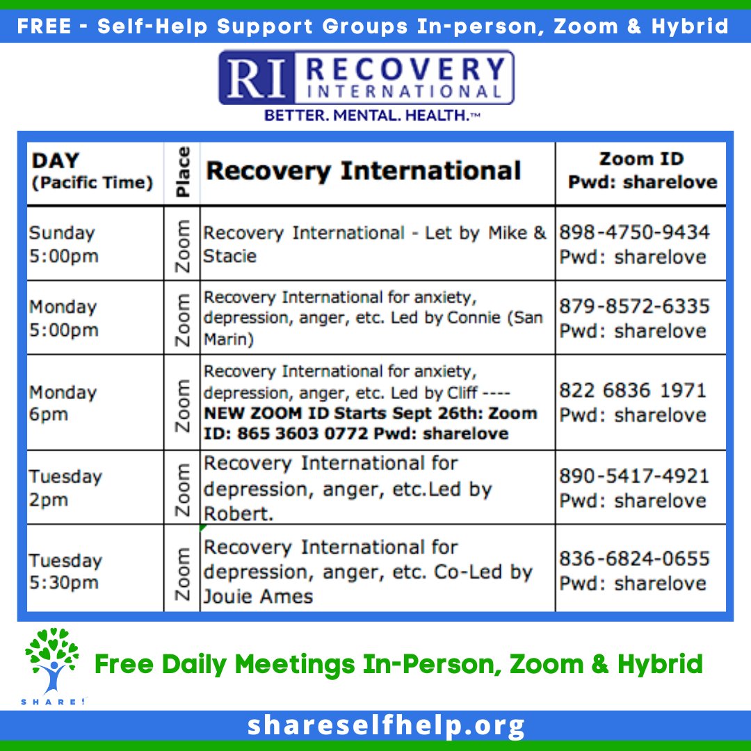shareselfhelp's tweet photo. Happy #RecoveryMonth! Join a Free #RecoveryInternational meeting for #support with #anxiety, #anger, #worry, #fear, #trauma, #depression and overall #mentalhealth!

See meeting schedule at 💙https://t.co/2ieajm7WSZ💙

@RecoveryIntl
#SHAREselfhelp #MentalHealthMonday #supportgroup https://t.co/osIWCBk8wl