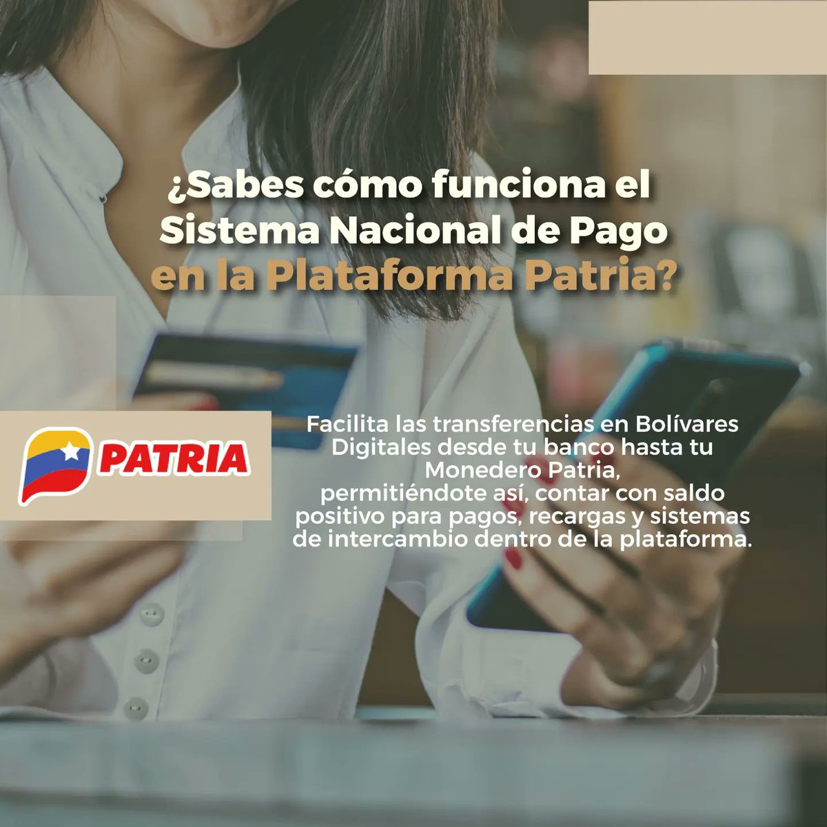 CarnetDLaPatria's tweet photo. ¿Sabes cómo funciona el Sistema Nacional de Pago en la #PlataformaPatria?
¡Sí! Esto facilita las transferencias en Bolívares Digitales desde tu banco, hasta tu Monedero Patria. 
El #SistemaPatria te brinda la información:
👉🏼 https://t.co/2mUrRH4iTL

#GobiernoDeSoluciones #19Sep https://t.co/Z1gtRVa8E4