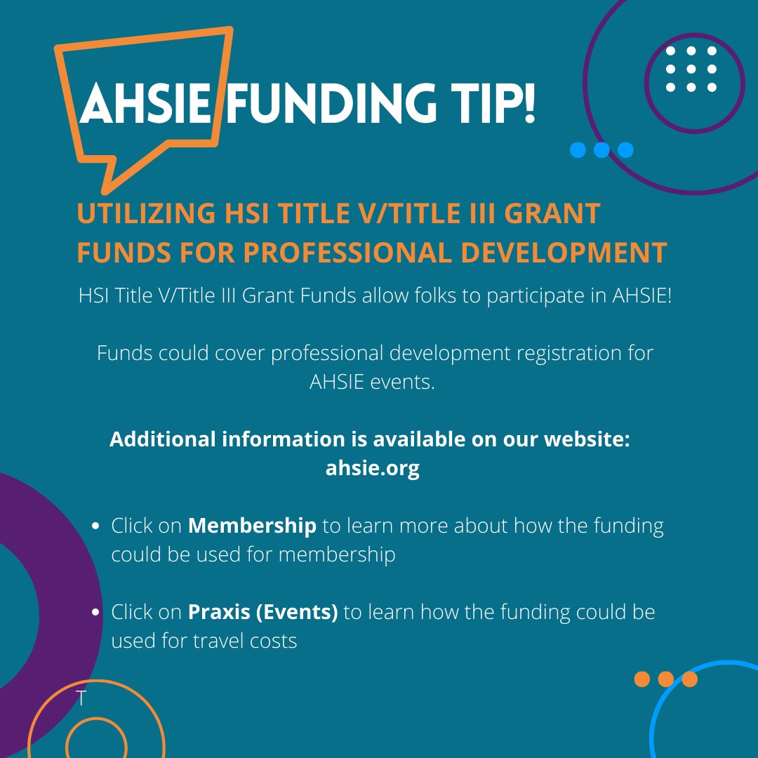 ahsieducators's tweet image. With the call for programs now available, it's time to start thinking about funding ur conference experience. We've included some tips on how you could use some grant funds to participate in AHSIE! Visit ahsie.org for more info! #ahsieeducators #ahsie #hsi #hsisweek