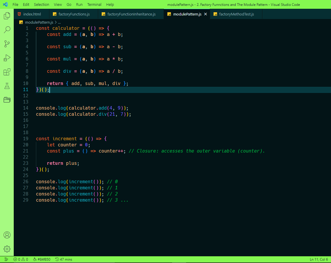 QueueElTee's tweet photo. Day 50 - 52:

🔶 ORGANIZING JAVASCRIPT CODE:
🔹Learnt about closures.
🔹Read more on the module pattern.

#TheOdinProject #100DaysOfCode #javascript https://t.co/IGjQqob4Nh