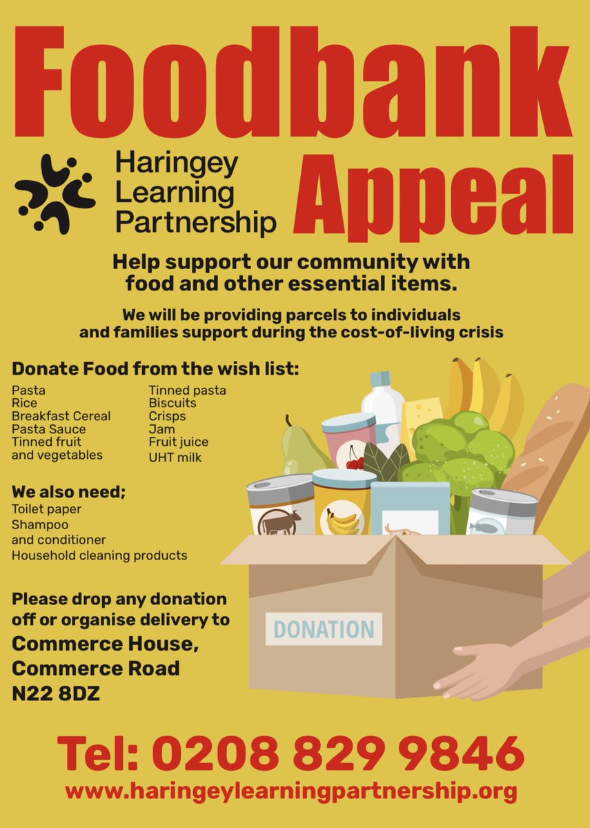HaringeyLP's tweet photo. We’re relaunching our food-bank appeal this week. Any support is appreciated. Please drop off donations to Commerce House or contact us on the phone number below &amp; we will arrange to come &amp; collect. If you can, please give. 🥫🥔🧅🍫🥜🧃🍪🍚🍝🥚🫒🥨 https://t.co/FkE9cddaVZ