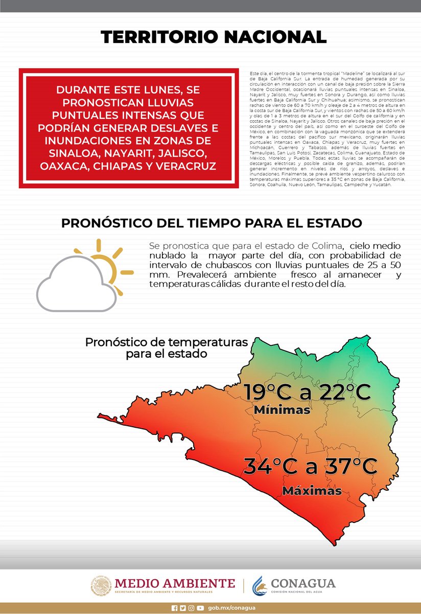CONAGUA_Colima's tweet photo. Consulta cuál es el #Pronóstico del tiempo que se prevé para este Lunes, en la siguiente imagen del #SMNmx: https://t.co/MIMLvtarwV