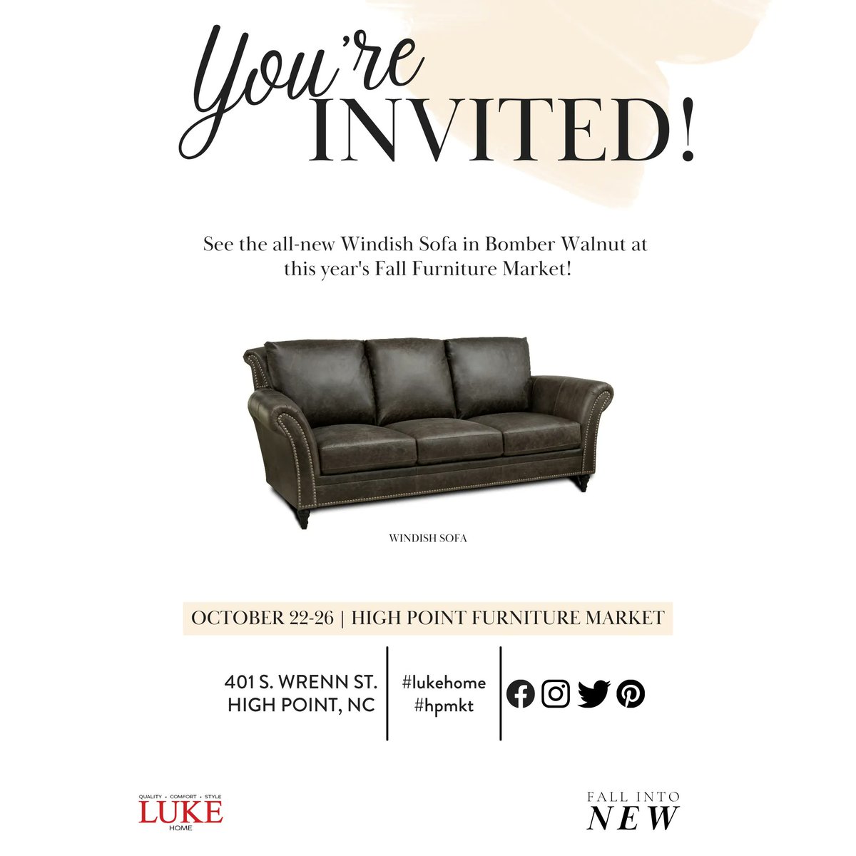 LukeHomeFurn's tweet photo. You're Invited to the Fall #HPMKT! Join us October 22-26 as we showcase our latest collections. #FALLintoNEW with #LukeHome at 401 S. Wrenn St. High Point, NC. https://t.co/XnaCrPTwD2
