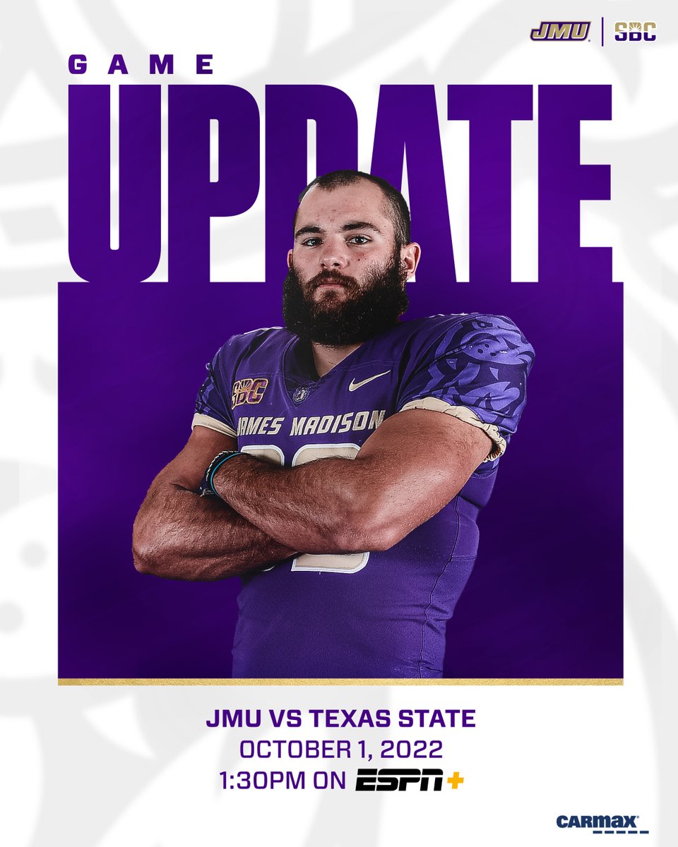 𝐆𝐀𝐌𝐄 𝐓𝐈𝐌𝐄 𝐔𝐏𝐃𝐀𝐓𝐄 📆

JMU's sold out Family Weekend matchup with Texas State kicks off Oct. 1 at 1:30 PM on <a href="/ESPNPlus/">ESPN+</a>.

📰 bit.ly/3BrUQ7J

#GoDukes
