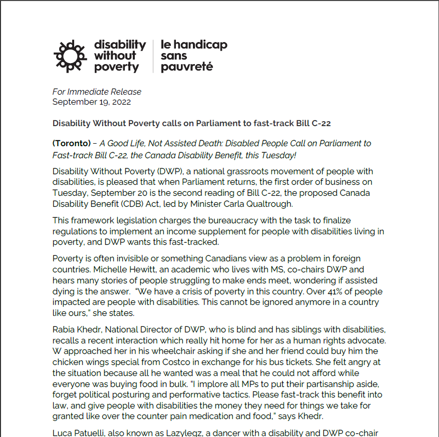Text-based image of press release about 2nd reading fo Bill C-22 tomorrow and a call for fast-tracking of Canada Disability Benefit. Link to screen-reader version here:
https://www.disabilitywithoutpoverty.ca/press-release-fast-track-bill-c-22-the-canada-disability-benefit-this-tuesday/ (part 1/2)