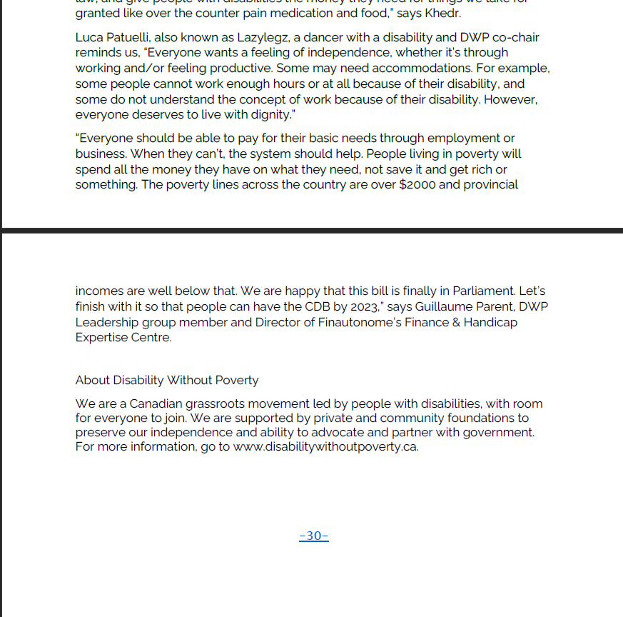 Text-based image of press release about 2nd reading fo Bill C-22 tomorrow and a call for fast-tracking of Canada Disability Benefit. Link to screen-reader version here:
https://www.disabilitywithoutpoverty.ca/press-release-fast-track-bill-c-22-the-canada-disability-benefit-this-tuesday/ (part 2/2)