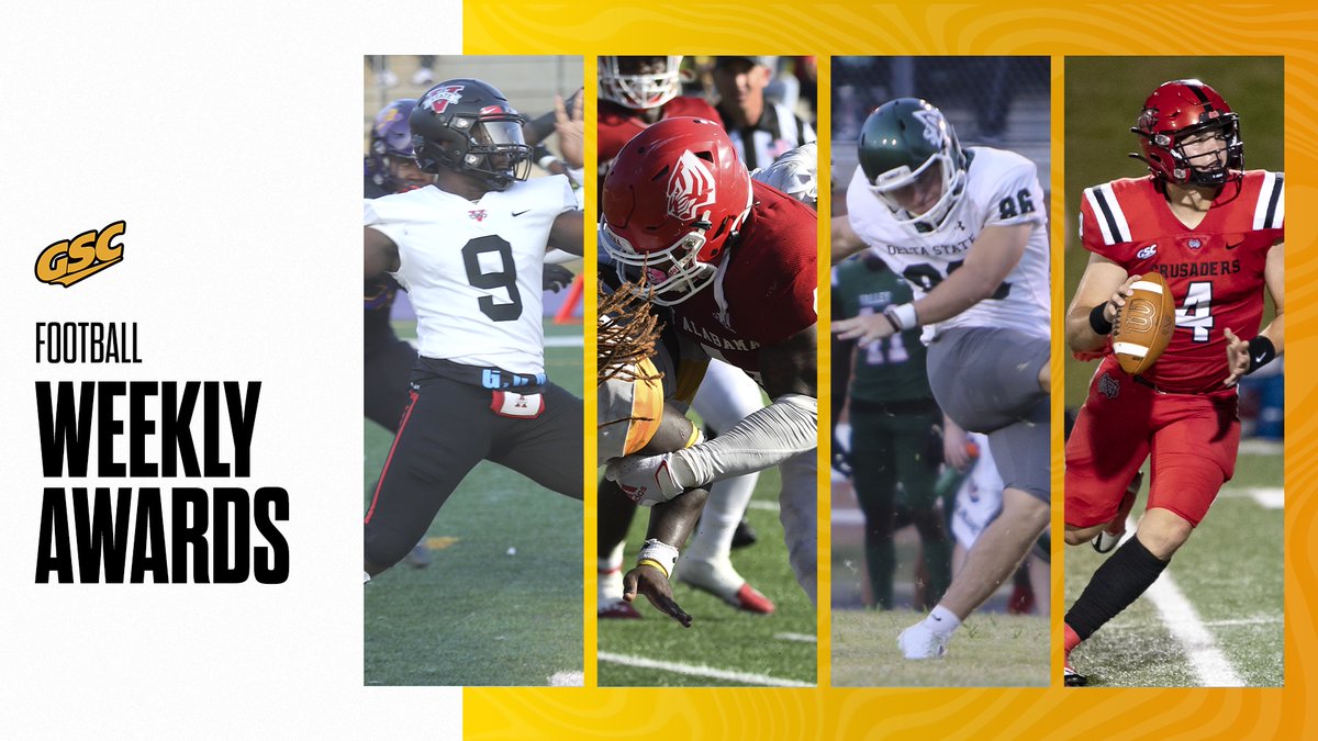 #GSCfb weekly awards are out! 🏈 Offensive: Ivory Durham, @valdostastatefb Defensive: Michael Anderson, @uwa_football Special Teams: Nick Herber, @DeltaStateFB Freshman: Dylan Ramirez, @NGUFootball1 📰 » bit.ly/3BQKBLy