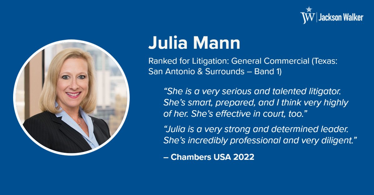 LitigationAlert's tweet photo. Congratulations, Julia Mann! https://t.co/zta0skp3ys

Julia is managing partner of @Jackson_Walker's San Antonio office and possesses wide-ranging commercial disputes experience. 
🔗 https://t.co/wfkfPSS6Ff

#Chambers2022 #JWLitigation #SanAntonio https://t.co/QMVpWSb5cf