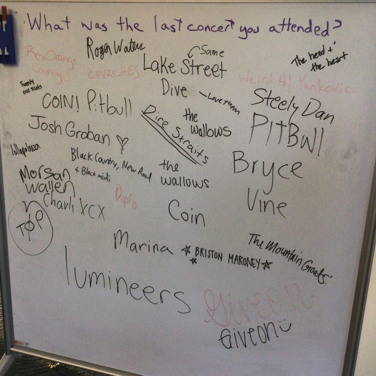 ParsonsMusLib's tweet photo. Take a look at last week's #whiteboard question: "What was the last concert you attended?" & make sure to stop by and see what the current question is! #musiclibrary #music #musicals #whiteboardquestions #librarylife 🎼 https://t.co/s5pIpO4nEY