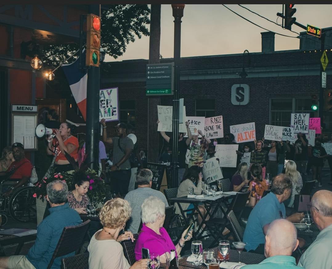 DelcoResists's tweet photo. September 14: Justice for Fanta Rally.

Fanta deserves a full trial. We marched through “Dining under the stars” in Media to remind the community.

#JusticeforFantaBility 
#SharonHill #SharonHillPolice #DelawareCounty #Delco #Philly #UDTJ #DelcoResists https://t.co/qp3EUK3e6P