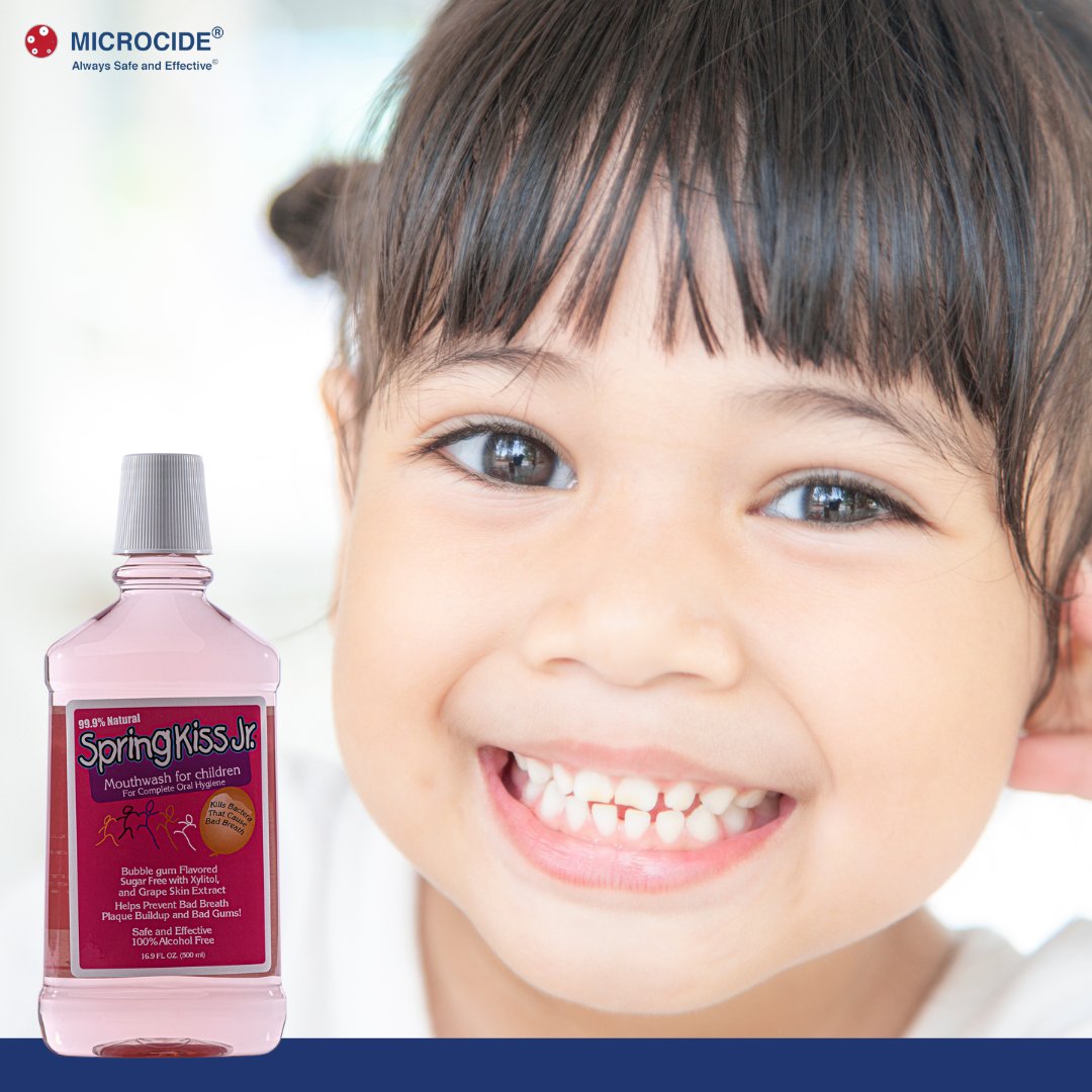 microcide's tweet image. Our SPRINGKISS® Jr. Mouthwash for kids is 99.9% natural, bubble-gum flavored, 100% alcohol-free, and best of all, it's pink! 💖 Your kids will absolutely love using this mouthwash. 😁

#biodegradable #biobased #kidfriendly