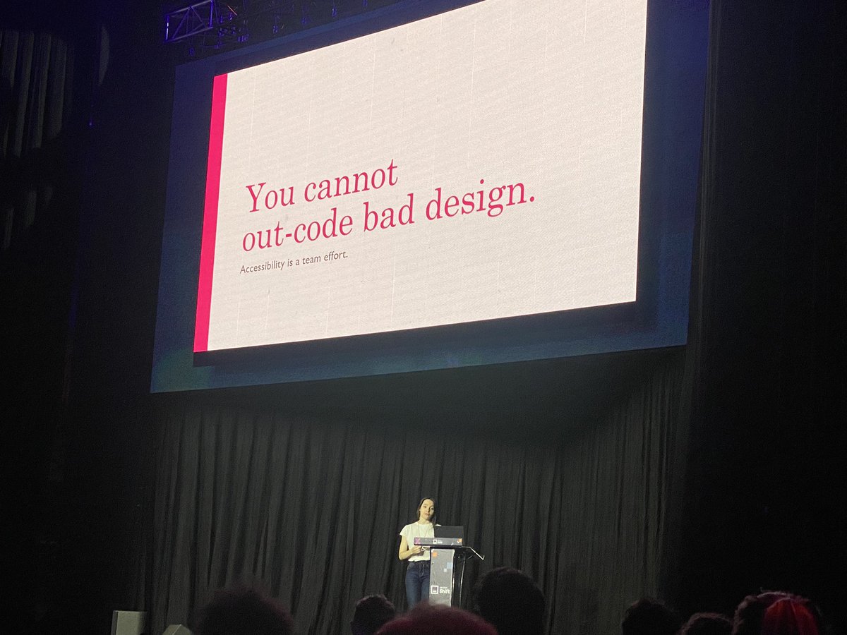 Una's tweet photo. “Accessibility is a team effort. You cannot out-code bad design” — @evaferreira92 #InfobipShift https://t.co/T6cJWsgr0Z