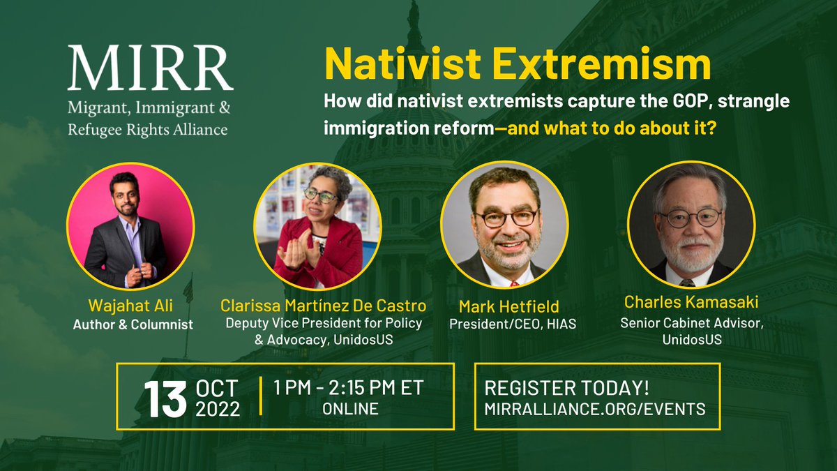 Migrant, Immigrant & Refugee Rights Alliance (@mirralliance) on Twitter photo How do we stop nativist extremists? Join us to hear from <a href="/WajahatAli/">Wajahat Ali</a>, <a href="/MarkJHetfield/">mark hetfield</a> of <a href="/HIASrefugees/">HIAS</a>, and our colleagues from <a href="/WeAreUnidosUS/">UnidosUS</a>, <a href="/CMartinezDC/">Clarissa Martinez</a> and Charles Kamasaki, as we discuss xenophobia and its political impacts. Register: us02web.zoom.us/webinar/regist… How do we stop nativist extremists? Join us to hear from <a href="/WajahatAli/">Wajahat Ali</a>, <a href="/MarkJHetfield/">mark hetfield</a> of <a href="/HIASrefugees/">HIAS</a>, and our colleagues from <a href="/WeAreUnidosUS/">UnidosUS</a>, <a href="/CMartinezDC/">Clarissa Martinez</a> and Charles Kamasaki, as we discuss xenophobia and its political impacts. Register: us02web.zoom.us/webinar/regist…