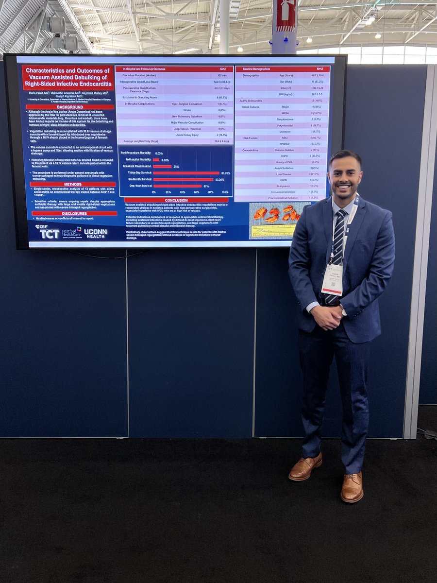 UConnIM's tweet photo. Dr. Haris Patail, PGY-2 presented at @TCTConference a retrospective analysis of Angiovac utilization in patients with R sided infective endocarditis. This may be a viable, minimally invasive approach for patients with mild-severe TR without evidence of valvular damage #TCT2022 https://t.co/ORWdWl5upy