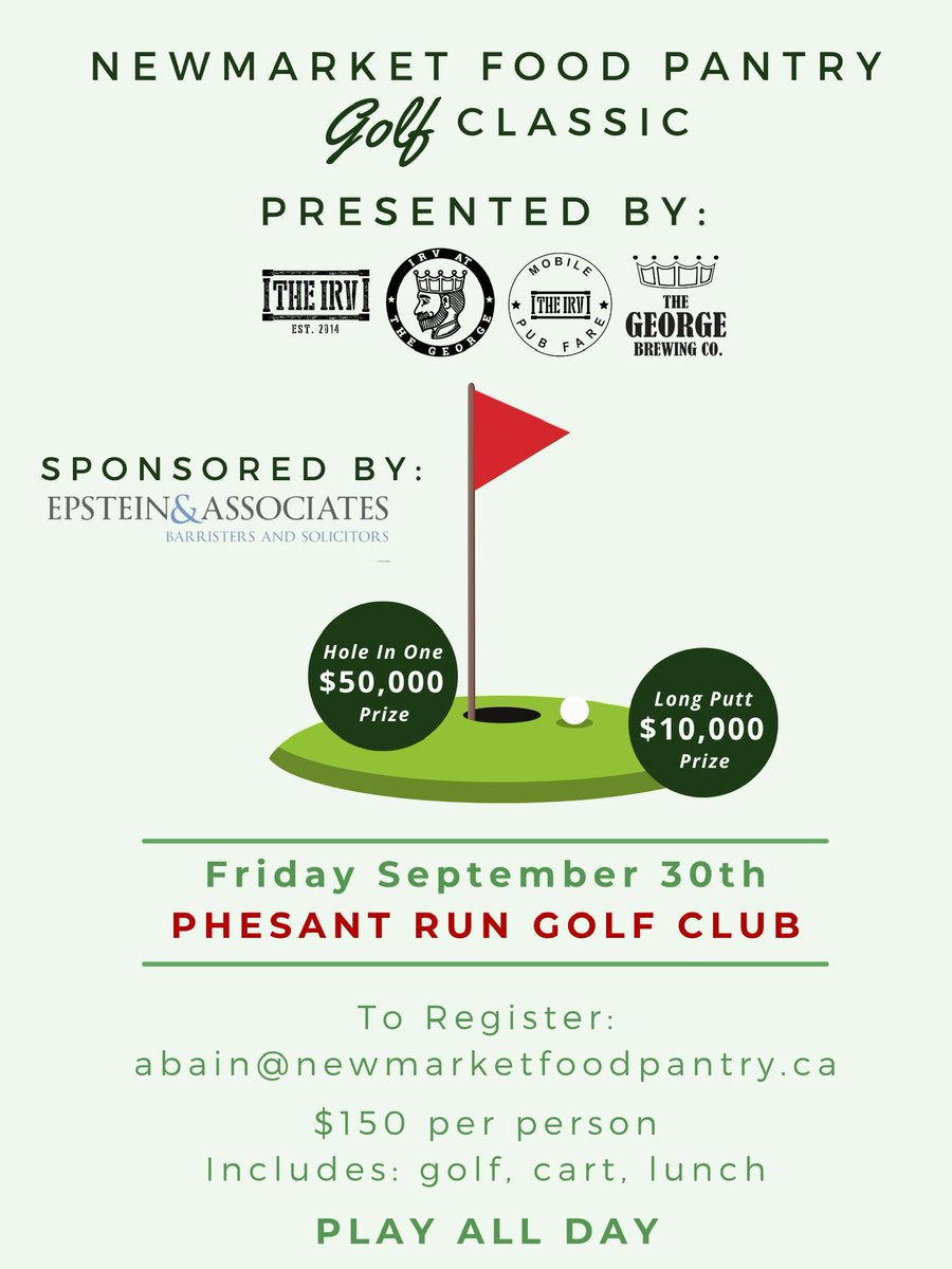 theirvpub's tweet photo. Help us raise some cash for The Newmarket Food Pantry. Enjoy a full day of golf, food and great prizes. Let’s stock the shelves at the food pantry so nobody goes hungry in our community. #theirv #irvatgeorge #giveback https://t.co/qACE9taEPv