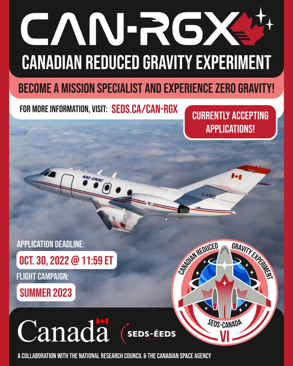 sedscanada's tweet photo. 🚀Become a mission specialist and experience zero gravity! Apply to the Canadian Reduced Gravity Experiment (CAN-RGX) in collaboration with @NRC_CNRC and @csa_asc by October 30, for a flight campaign in Summer 2023.  Learn more at https://t.co/4fJiO1ni4O
#cndspace #CANRGX https://t.co/3bvTrOtKzY