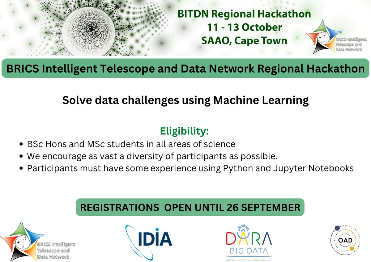 BRICSAstronomy's tweet image. The BRICS Intelligent Telescope and Data Network, flagship project of BRICS Astronomy, is hosting its very first Data Hackathon. More information and registration on the link below:
hack4dev.org/bitdn-regional…