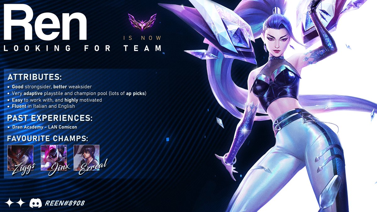 After my last experience in Circuito Tormenta, I'm now LFT for Winter Split 2022/Spring Split 2023.
Likes &amp; Retweets are appreciated.
Reference: <a href="/Jingosss/">Luigi ‘Jingoss’ Mosanghini</a> 
Special thanks for the graphic <a href="/osazxh/">osazeh</a>