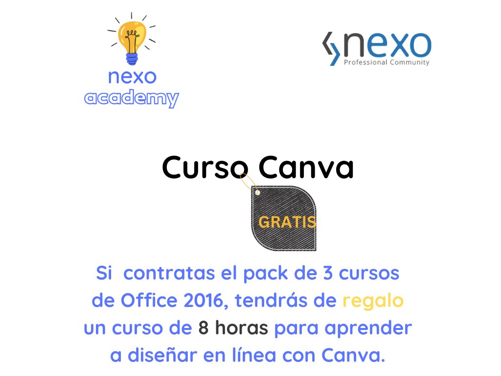 NexoCommunity's tweet photo. Contratando el pack de 3 cursos de #Office 2016 accederás GRATIS a un curso de #Canva.

En #nexoacademy creamos cada día contigo ✅🤓🤗

#ecosistemanexo 👍 Comunidad de Servicios Profesionales

Mejoramos tus proyectos

https://t.co/KU2rjUqcdz

#formacion #cursos #formaciononline https://t.co/LgipXu6wc0