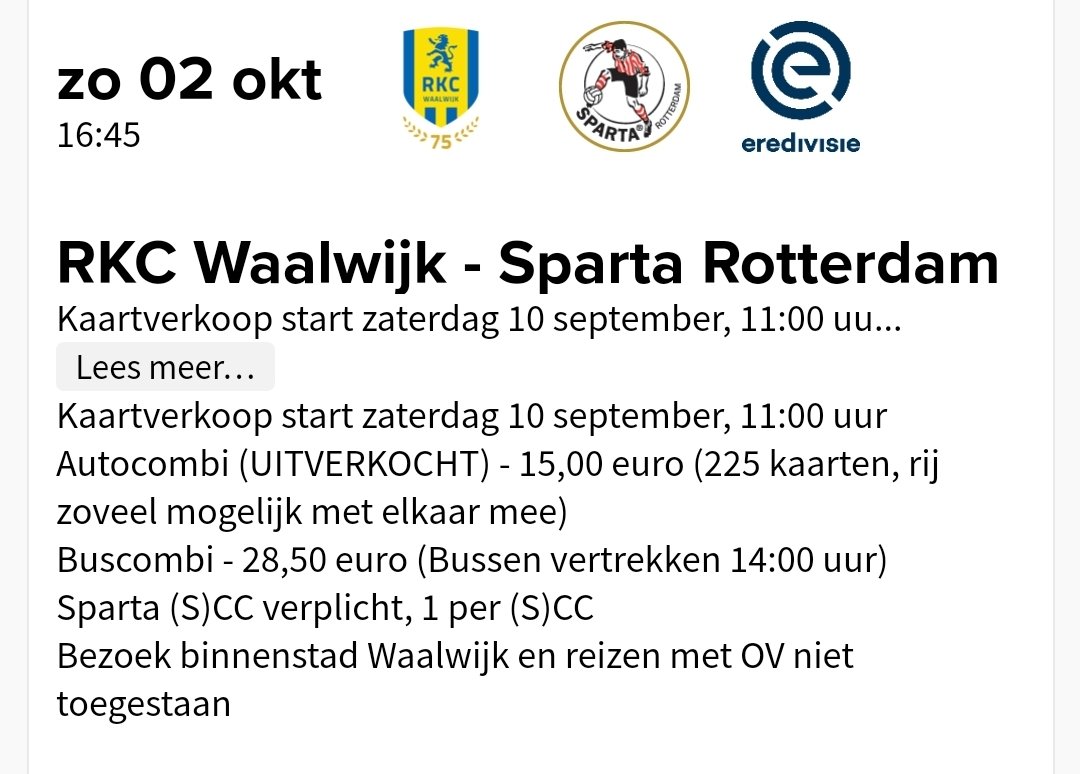 UPDATE RKC-UIT per 19/9:
BUS 173 (nog 19 te koop), AUTO 225 (UITVERKOCHT), totaal 398 tot nu toe.
Verkoop via spartakaartje.nl en in de fanshop. #rkcSPA 🔴⚪️