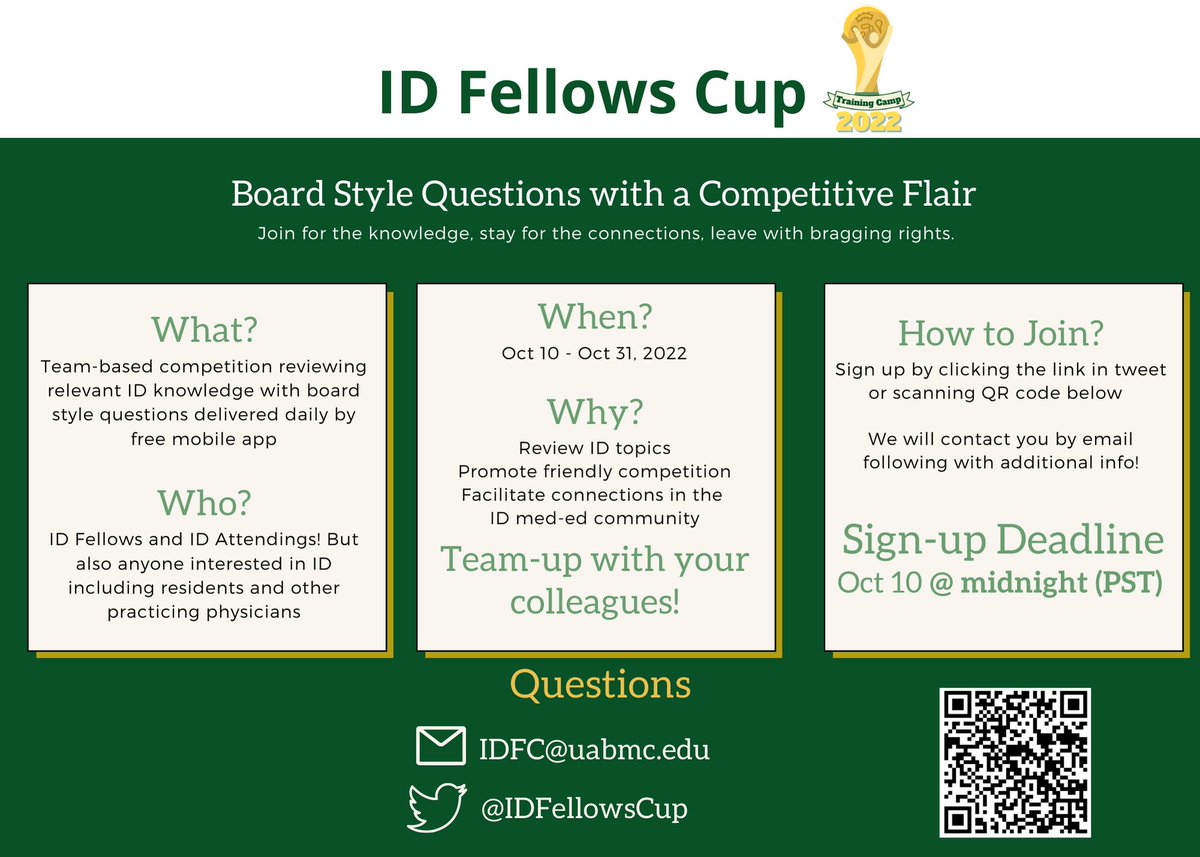 IDFellowsCup (@idfellowscup) on Twitter photo Excited to announce our Fall Game Sign-ups are LIVE!!🎉🙌
619 joined us in May from the #IDMedEd, #IDtwitter, #MedEd community!
We welcome all returners and a new year of ID Fellows!
Sign-up: redcap.link/Fall2022Fellow…
<a href="/ID_fellows/">Infectious Disease Fellows Network</a> <a href="/febrilepodcast/">Febrile</a> <a href="/IDSAMedEdCOP/">IDSA Medical Education Community of Practice</a>
More info below 1/ Excited to announce our Fall Game Sign-ups are LIVE!!🎉🙌
619 joined us in May from the #IDMedEd, #IDtwitter, #MedEd community!
We welcome all returners and a new year of ID Fellows!
Sign-up: redcap.link/Fall2022Fellow…
<a href="/ID_fellows/">Infectious Disease Fellows Network</a> <a href="/febrilepodcast/">Febrile</a> <a href="/IDSAMedEdCOP/">IDSA Medical Education Community of Practice</a>
More info below 1/