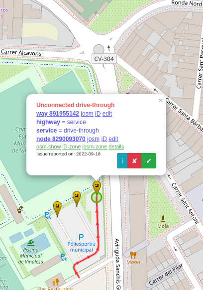 New Osmose-QA check on service=drive-through. The end of the way is not connected to another way. Drive-throughs are usually not dead-ended. Thank to  Famlam #OpenStreetMap
osmose.openstreetmap.fr/en/map/#item=1…