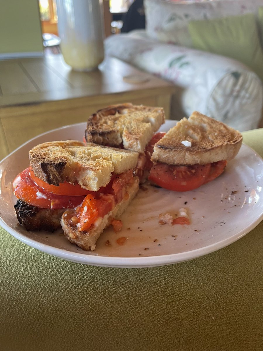 Tim_Banks's tweet photo. Hard to beat walking out to garden for some organic ripe tomatoes, toasting some @Receivercoffee bread and spreading on some @ADL_PEI butter topped with @MiracleWhip then add salt and pepper… almost a chef 👨🍳🤣 but very yummy 😋 #peisummer #cottagelife #tomatosandwich https://t.co/end66lGZ9z