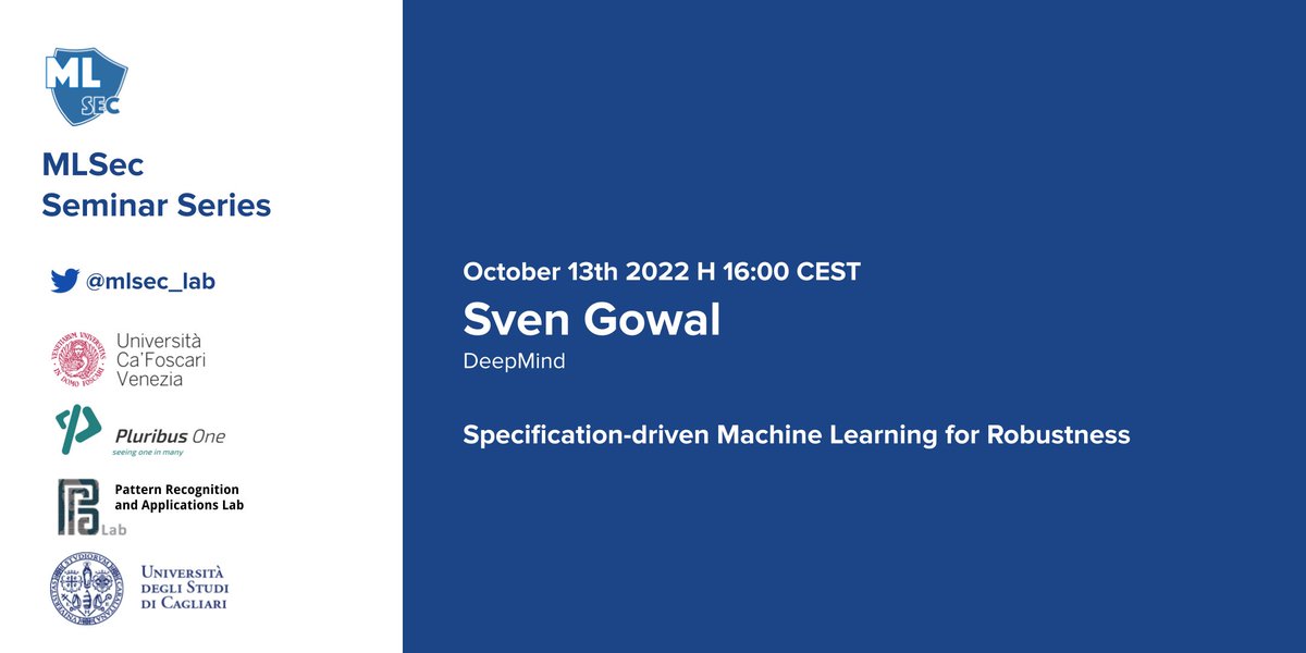 We are excited to present a new event in our seminar series on ML Security! 
We will host Sven Gowal (DeepMind) on October 13th, 2022, at 16:00 CEST. 

Free registration: eventbrite.com/e/machine-lear…

<a href="/sgowal/">Sven Gowal</a>
<a href="/adversarial_ML/">Adversarial Machine Learning</a> <a href="/trustworthy_ml/">Trustworthy ML Initiative (TrustML)</a> <a href="/aivillage_dc/">AI Village @ DEF CON</a> <a href="/RedTeamVillage_/">RedTeamVillage</a>