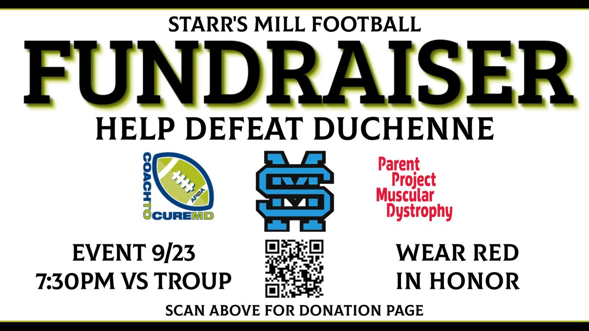 Duchenne Muscular Dystrophy is a progressive and fatal genetic disorder.  On Friday, <a href="/StarrsMillHS/">Starr's Mill HS</a> and <a href="/SMHSfootball/">Starr’s Mill Football</a>  will join the fight to help find a cure.  Please support us on Friday night by wearing Red to help #TackleDuchenne  <a href="/CoachToCureMD/">Coach To Cure MD</a> <a href="/smhstailgate/">SMHS TAILGATE</a>