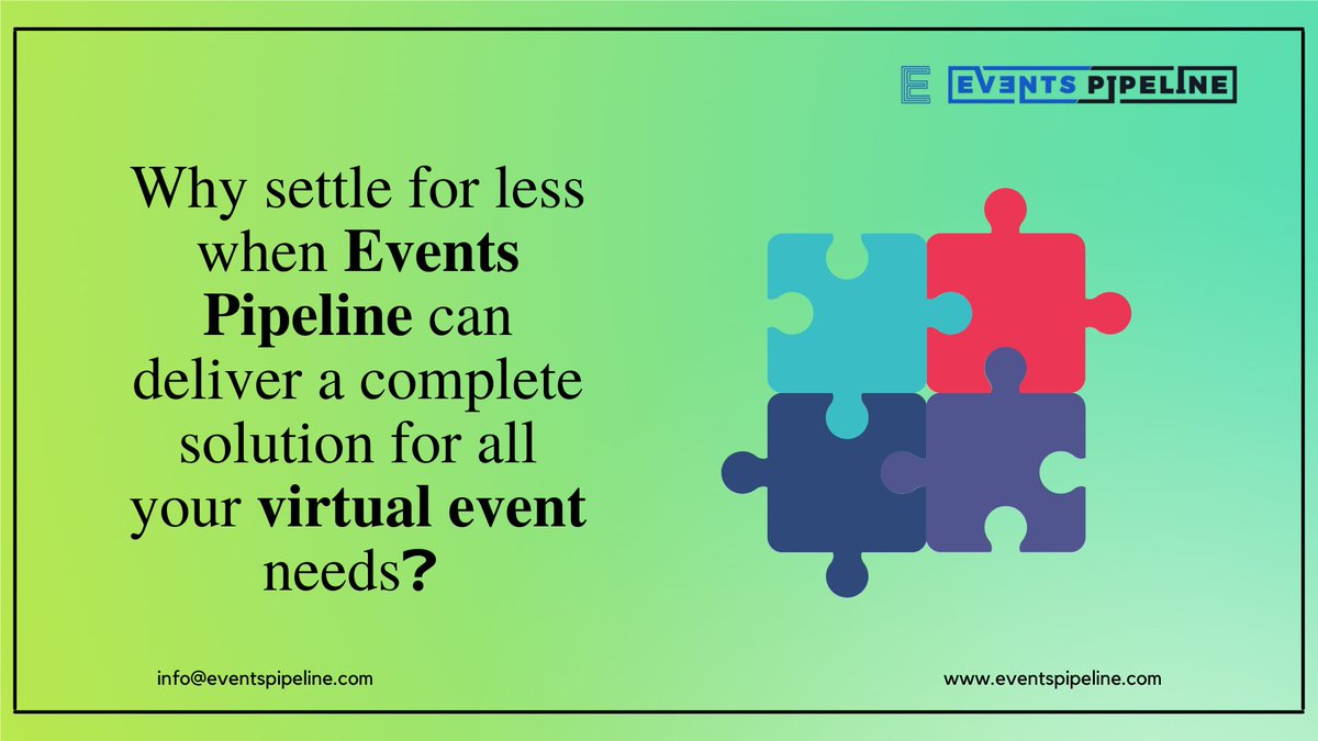 Why settle for less when We can deliver a complete solution for all your virtual event needs❓ 

Here is what you get from Events Pipeline: 

✔Registrations solutions
✔Ticketing options
✔Event Website
✔Engagement tools
✔Custom Workflow
✔Event Marketing

 Get a demo.