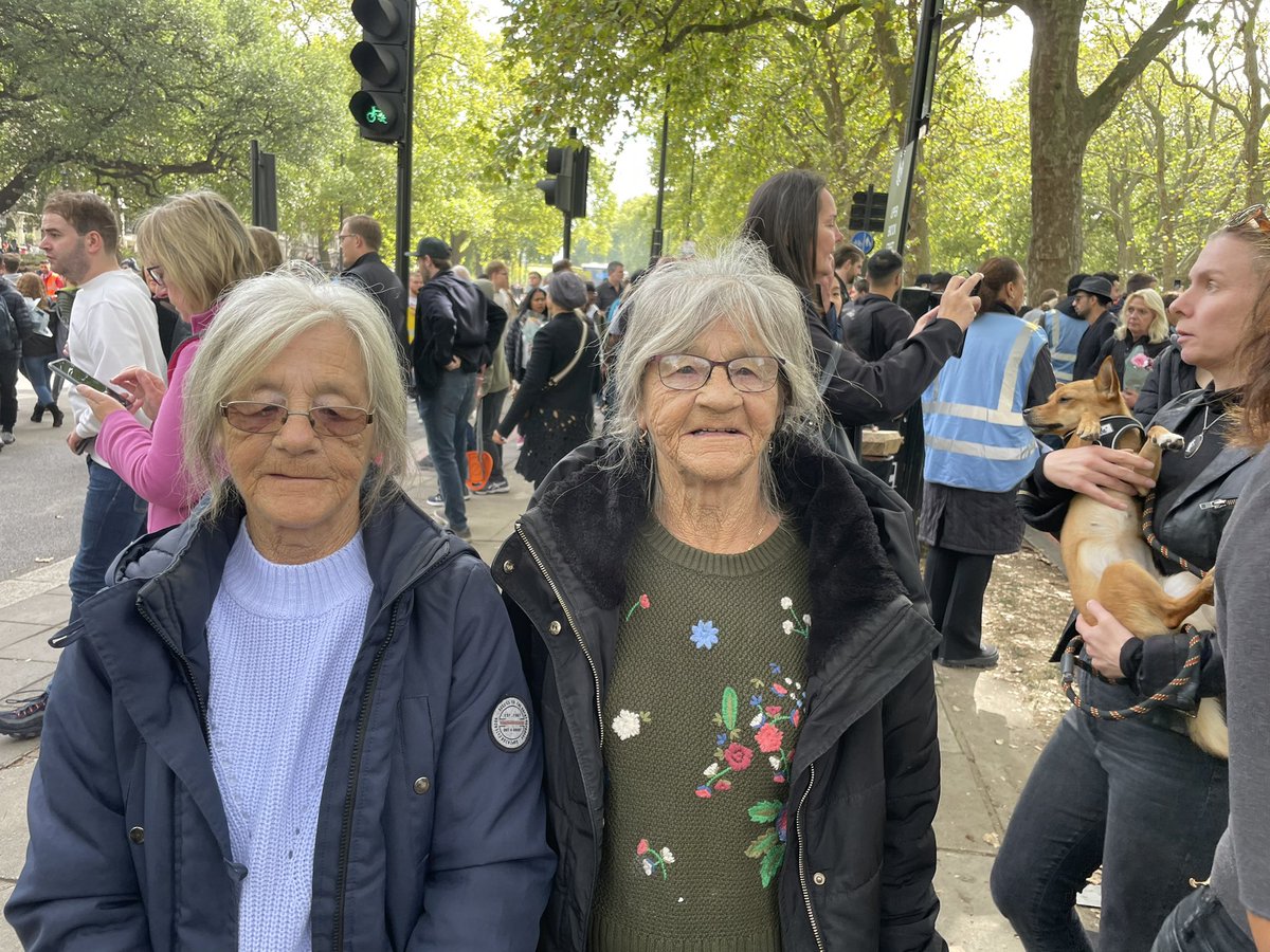 Seventy-two year old twins Carol Steven and Helen Duncan were exhausted after the funeral, having walked three hours to Hyde Park after taking a train to the capital from Wales three days ago, hoping to see the queen’s procession. 

“We say her mother lying in state in 1992.”