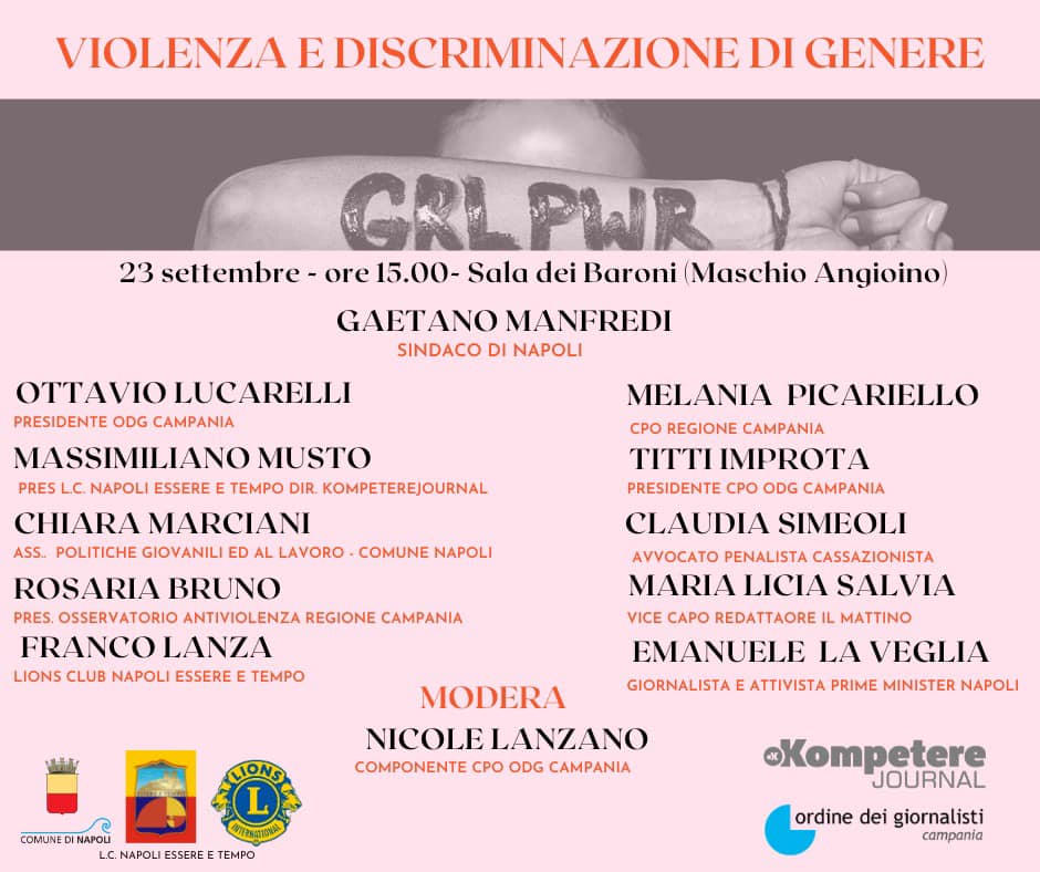kompjournal's tweet photo. “Violenza e discriminazione di genere”
Parlarne è un imperativo categorico. Sempre.
Vi aspettiamo venerdì 23 settembre alle ore 15 a Napoli, Sala dei Baroni del Maschio Angioino.

#kompeterejournal 
#formazione 
#giornalisti 
#violenzadigenere 
#odgcampania https://t.co/bWXDPLI140