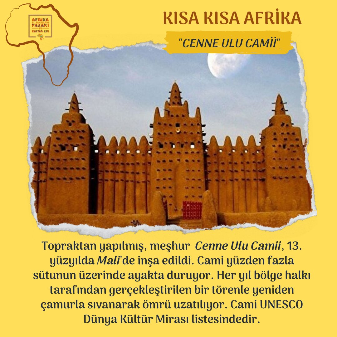 AfrikaKulturEvi's tweet photo. Topraktan yapılmış, meşhur #Cenne Ulu Camii, 13. yüzyılda #Mali 'de inşa edildi.Cami yüzden fazla sütunun üzerinde ayakta duruyor. Her yıl bölge halkı tarafından gerçekleştirilen bir törenle yeniden çamurla sıvanarak ömrü uzatılıyor. Cami UNESCO Dünya Kültür Mirası listesindedir. https://t.co/5qqwSpEqCq