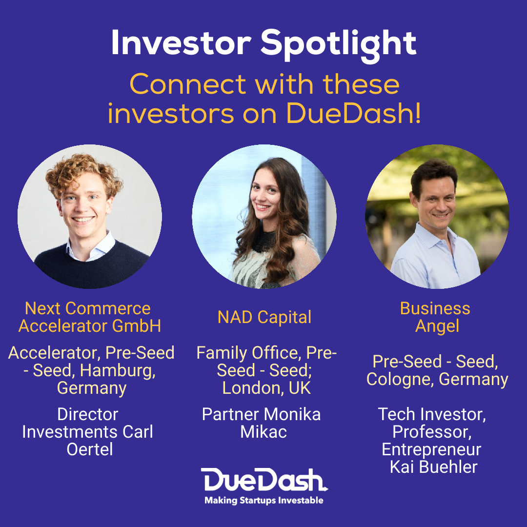 duedash_network's tweet image. Check out these interesting investors on DueDash:

🤝 NAD Capital -  Monika Mikac @mikac_monika duedash.com/dd/nadcapital 

🤝 Next Commerce Accelerator - Carl Oertel @coertel11880 duedash.com/dd/nextcommerc… 

🤝 Business Angel - Kai Buehler @kaibuehler duedash.com/dd/kaibuehler