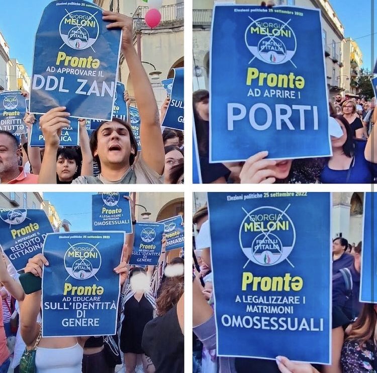 maleuforia's tweet photo. La geniale accoglienza riservata a Giorgia Meloni in quel di Caserta. 

Fingendosi sostenitori i partecipanti hanno sventolato svariati cartelli con slogan sui diritti e inclusione. https://t.co/P4UgaC2UvL
