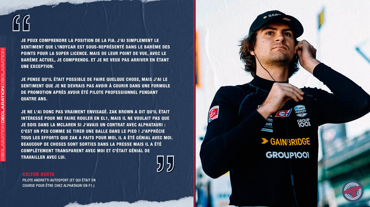 TearOffFR's tweet photo. 🔴 Colton Herta comprend la décision de la FIA ne pas lui accorder la Super License via une dérogation... que lui même ne souhaitait pas. 🤷‍♂️

💬 "Je ne veux pas arriver en étant une exception."

Cette dérogation lui aurait permis d'entrer en #F1 en signant chez AlphaTauri. https://t.co/d9OQ4NJbXg