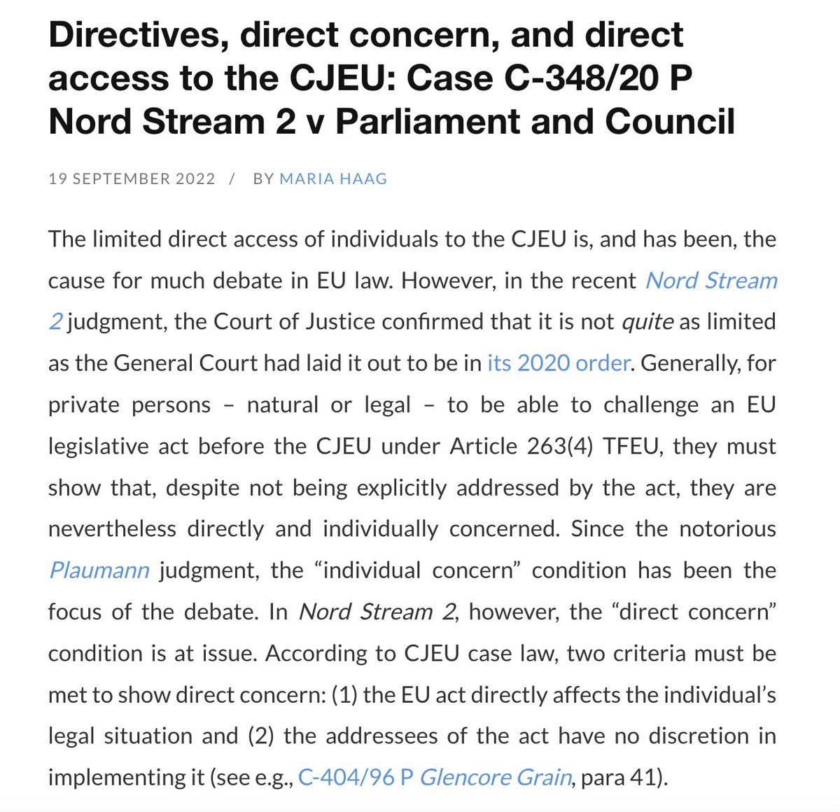 mariafhaag's tweet photo. Before the summer break, the #ECJ's Grand Chamber reversed a frankly puzzling #GeneralCourt judgment which implied that private actors could never challenge directives before the #CJEU under Art 263 TFEU. Read more in my post on @EuropeanLawBlog: https://t.co/p4qKJlC47D https://t.co/JFNHZVThEc