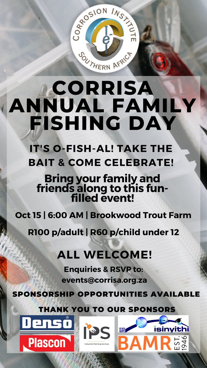 corrosionsa's tweet photo. CorrISA Family Fishing Day! Saturday, 15 October 2022 at Brookwood Trout Farm!

All Welcome! Bring your family and friends along!

RSVP &amp; Enquiries:
events@corrisa.org.za

#corrosion #Fishing  #family  #october #familyday #SouthAfrica https://t.co/3FPTZhq42D