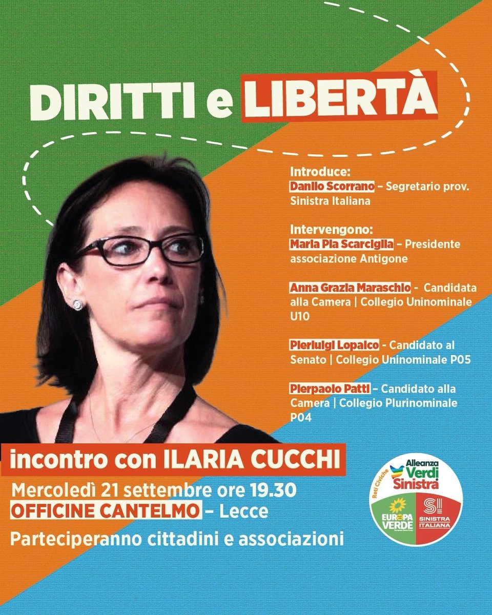 piepatti's tweet photo. DIRITTI &amp; LIBERTÀ

Incontro con Ilaria Cucchi
Mercoledì 21 settembre, ore 19:30, presso le Officine Cantelmo ( Lecce)
Vi aspettiamo con: @annagrazia_maraschio 
@pierlopalco 
@mariapiascarciglia
Introduce Danilo Scorrano, segretario provinciale di @Sinistrait_ 

#pattichiari https://t.co/Y2dgLHfQy4