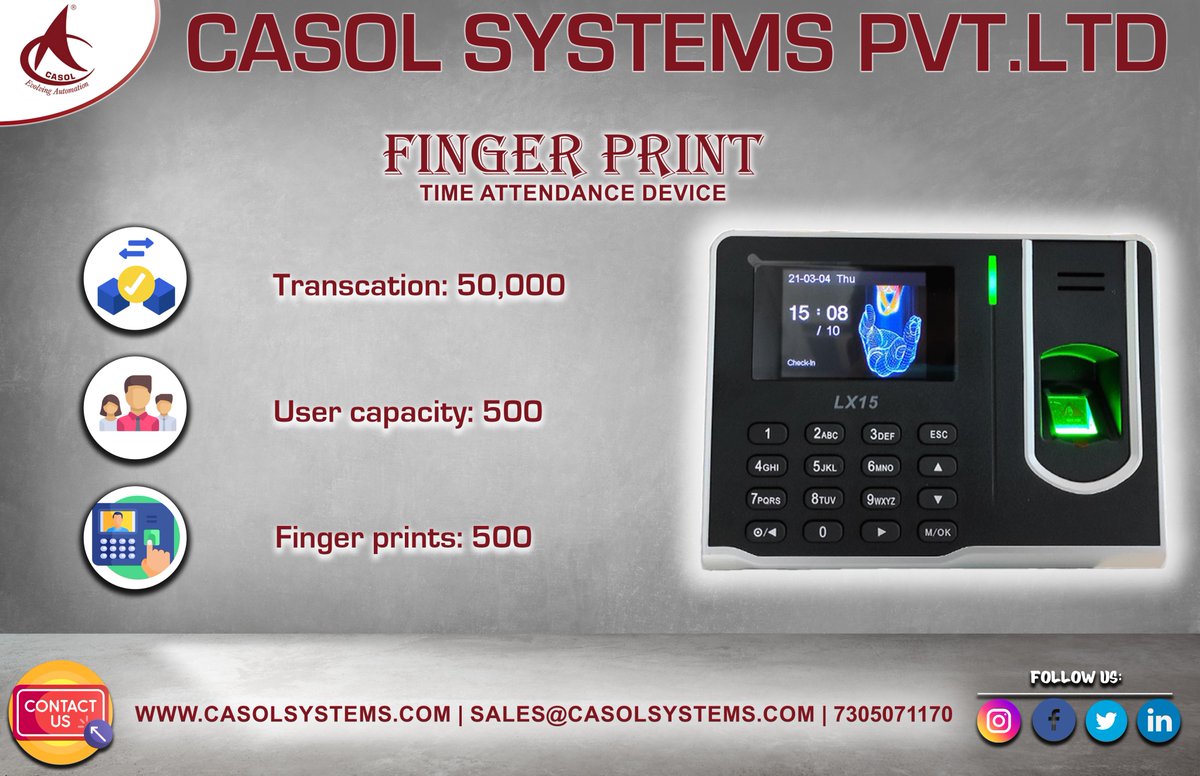 CasolSystems's tweet photo. Finger Print Time Attendance LX-15
Casol Systems Pvt. Ltd😊👍

Contact No: +91-7305071170,
Address: Fountain Plaza,
No: 224, 1st Floor, Pantheon Road,
Egmore, Chennai-600008.
E-Mail📧: sales@casolsystems.com
Website🔗: https://t.co/0Pin2LZVPE https://t.co/xuqz6Wmb0w